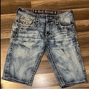 Rock Revival | Men’s Embroidered Denim Stanley Blue Jean Shorts Jorts